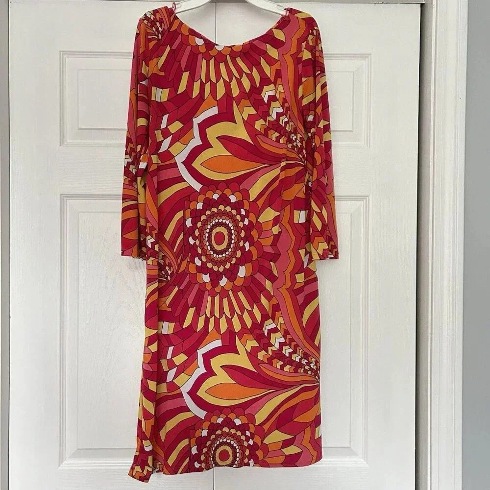 London Times Womens Size 6 Dress Red Multicolor 3/4 Sleeve Vintage Hippie